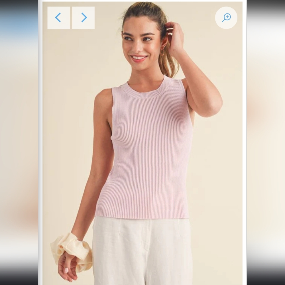​Aemi + Co Pastel Blush Pink Ribbed Knit Tank Round Neck Top 100% Rayon L